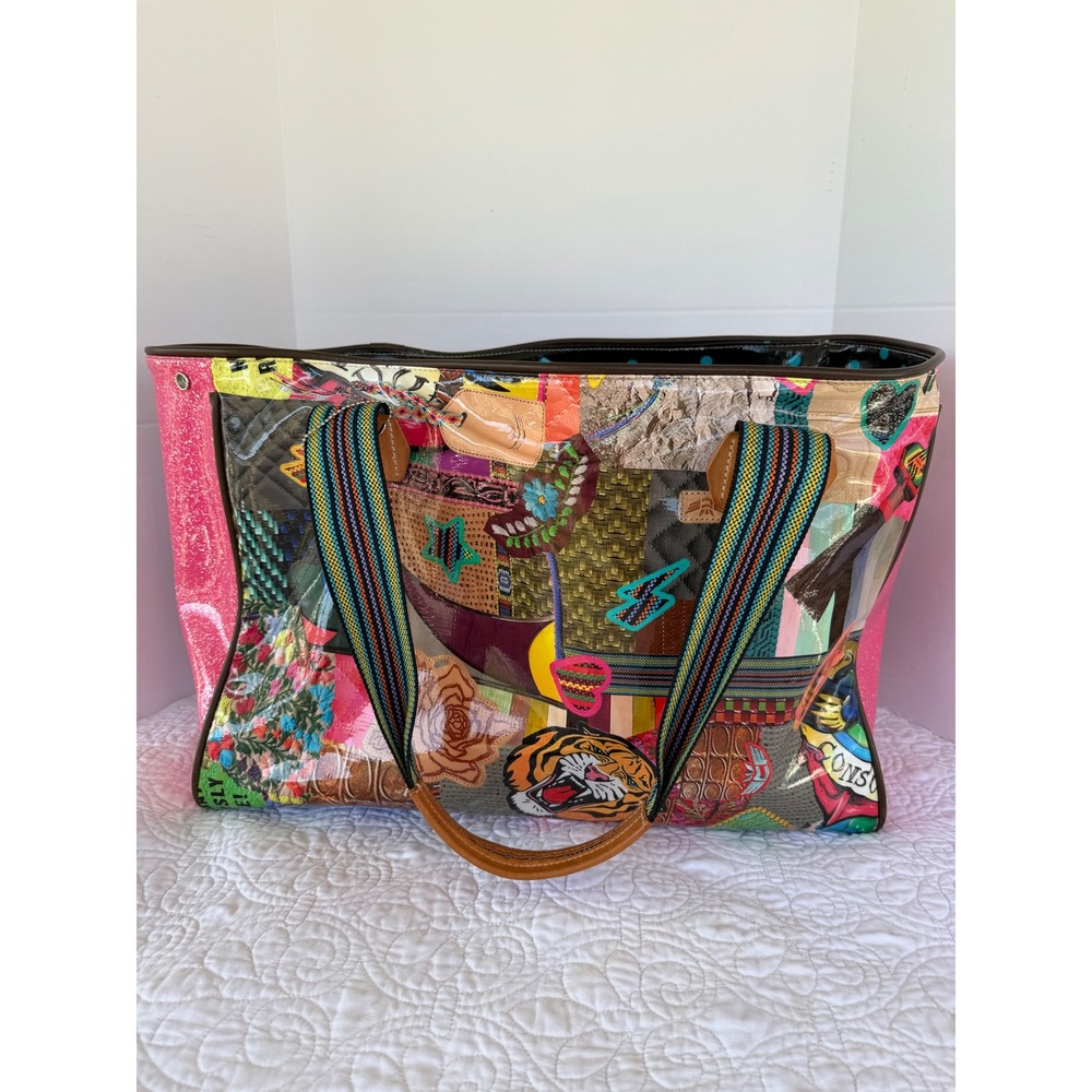 Consuela Hype Classic Tote Bag Multi Color Patchwork Oilcloth Pink Glitter Large